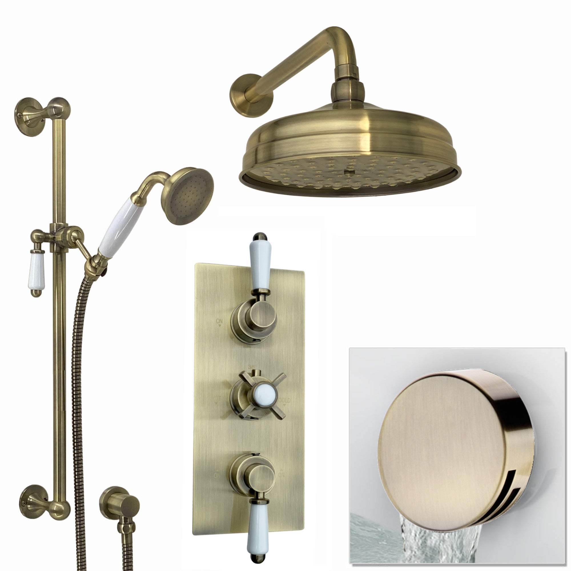 Regent Traditional Crosshead And White Lever Concealed Thermostatic Shower Set Incl. Triple Diverter Valve, Wall Fixed 8" Shower Head, Slider Rail Kit, Bath Filler Waste with Overflow - Antique Brass (3 Outlet)